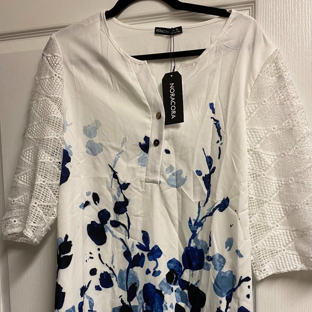 White Top with Blue Flowers XL  3/4 sleeve